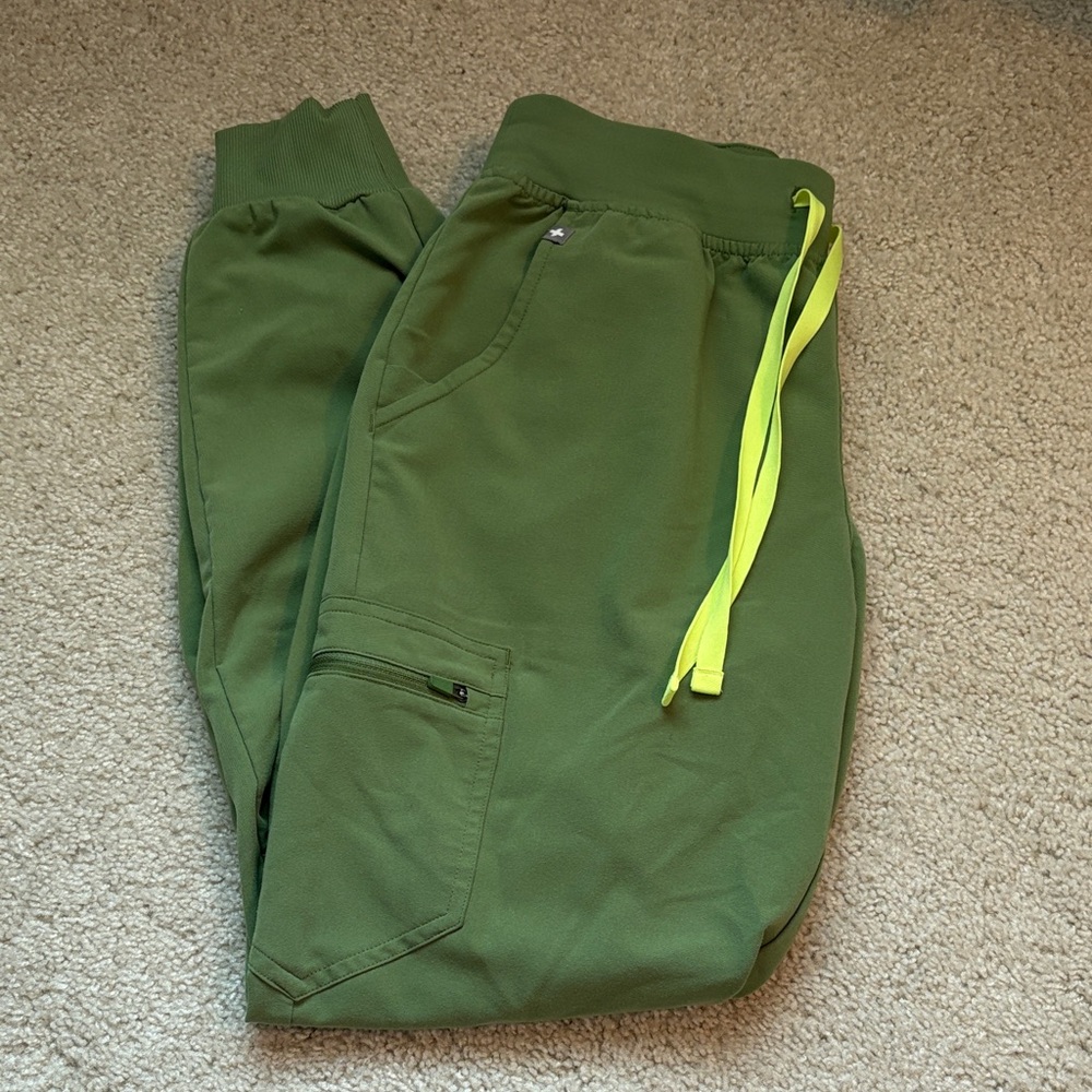 Figs Olive green Zamora scrub pants with Neon Yellow Drawstring